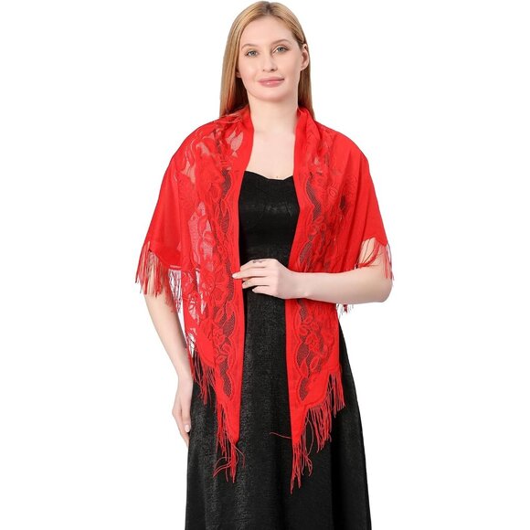 Women Red Triangle Lace Shawl Wrap Floral Lightweight Fringe Scarf Evening Dress - Picture 2 of 5